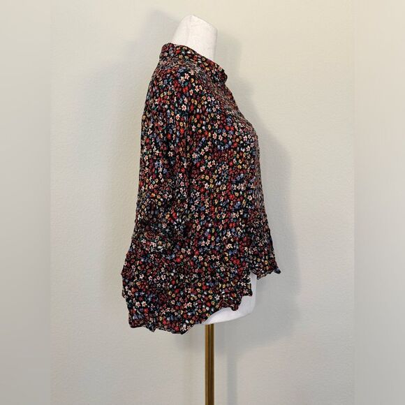 Mauve by Anthropologie Button Up Ruffle Black Floral Collared Top Size Small - Picture 6 of 16